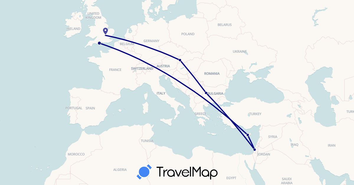 TravelMap itinerary: driving in Bulgaria, Cyprus, United Kingdom, Israel, Slovakia (Asia, Europe)